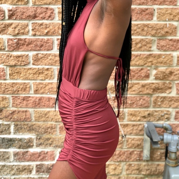 RUCHED AND READY HALTER NECK MINI DRESS IN RED - Picture 3 of 5